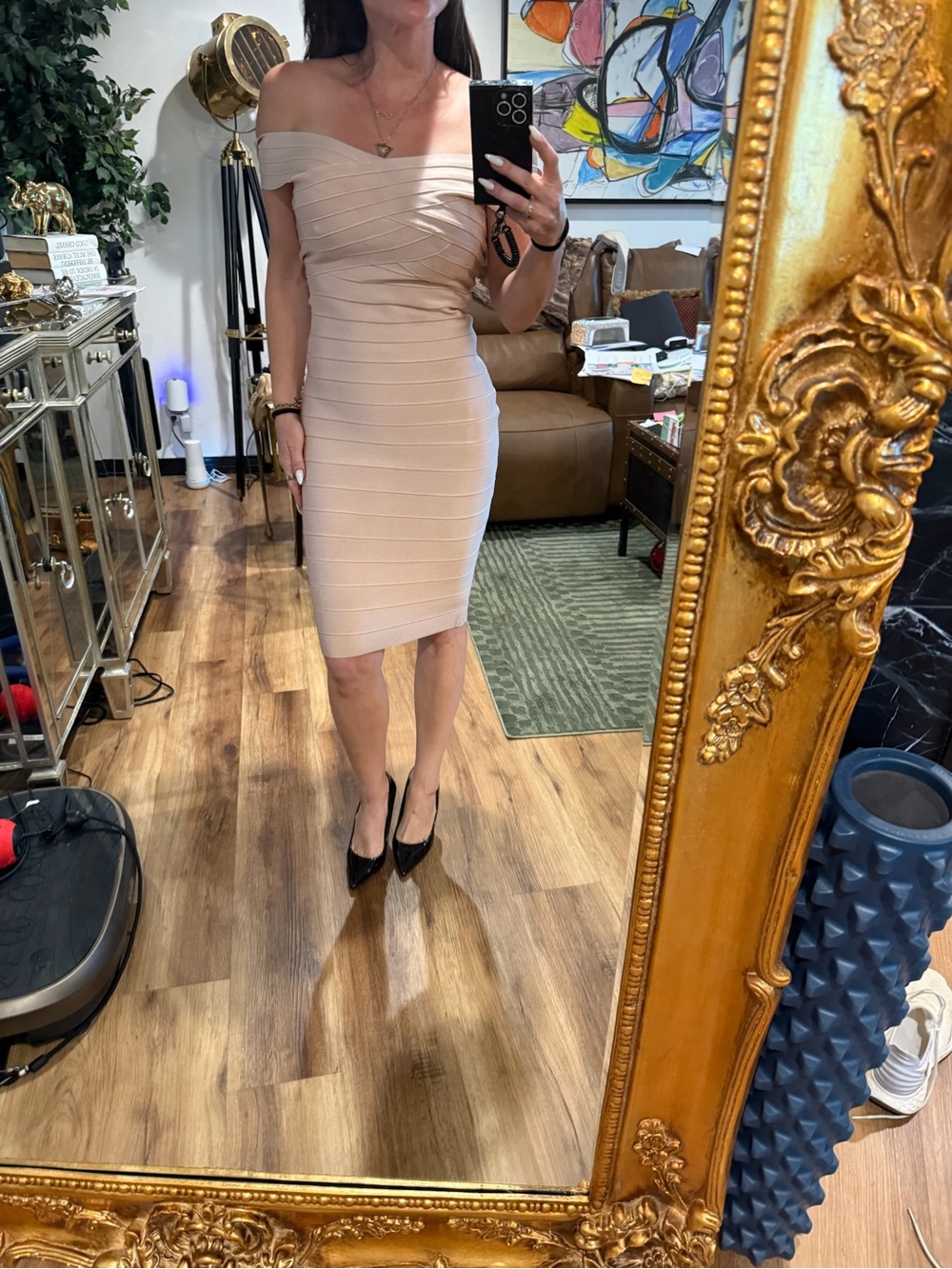 Off-Shoulder Bandage Bodycon Dress in Nude